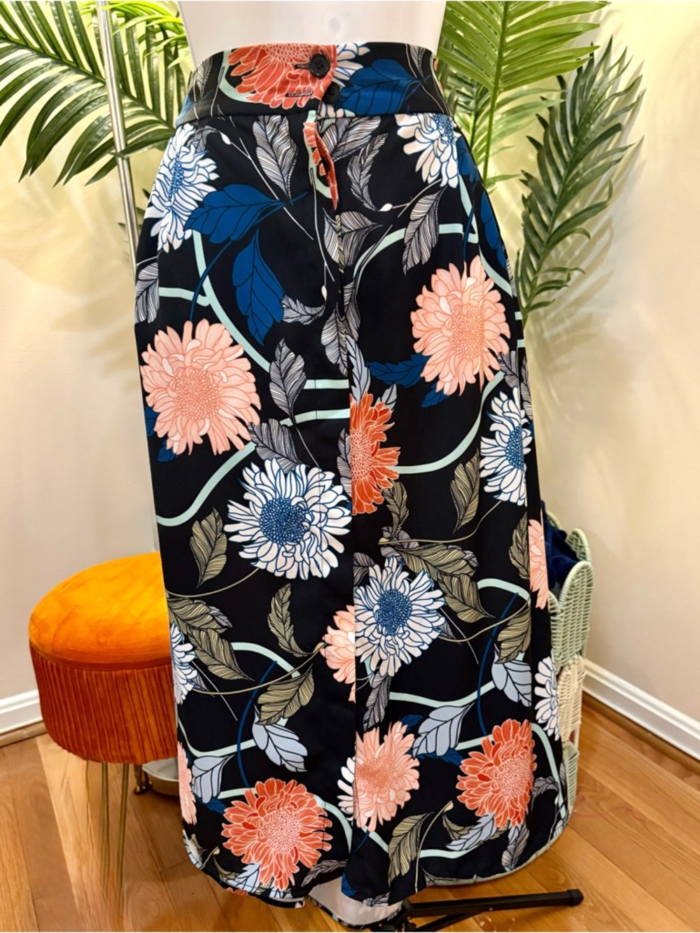 Eloquii Black Floral A-Line Skirt with Pink, Orange & Blue Flowers